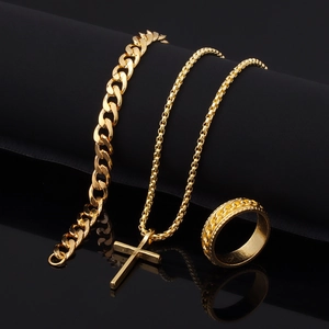 Golden polished cross pendant necklace, cuban bracelet and ring set for men in hip hop style