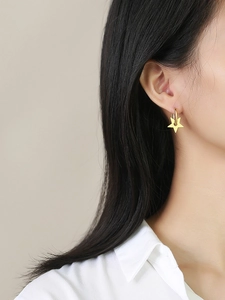Close-up of golden pentagram star hoop earring worn by a model in soft lighting