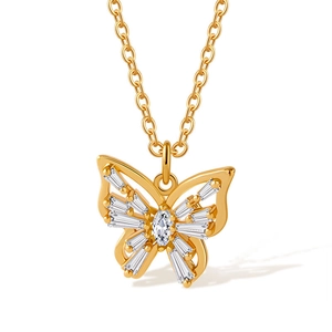 Detail of 18K gold-plated butterfly pendant set with zircon on minimalist chain