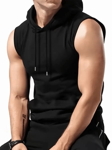 Detail of black sleeveless muscle hoodie showing athletic fit and high-quality fabric