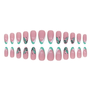 Pink and teal almond press-on nails set with glitter butterfly patterns on white background