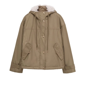 Giacca casual da donna con cappuccio e collo in pelliccia sintetica marrone verde