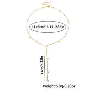 Size guide for beaded tassel Y-necklace with adjustable chain and gold finish details
