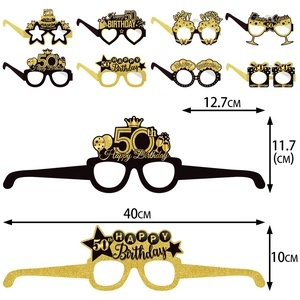 Set of 10 black and gold 50th birthday party paper glasses with glitter decorations