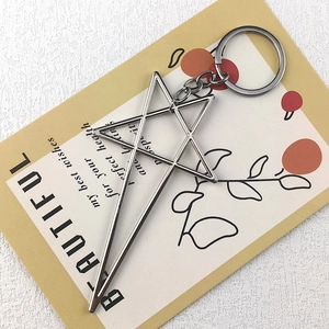 Punk vintage silver metal hexagram pendant keychain on a minimalist aesthetic card