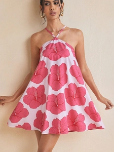 Women Halter Neck Mini Dress Floral Print Hibiscus Backless Summer Vacation A-Line Sleeveless Polyester Casual Sexy
