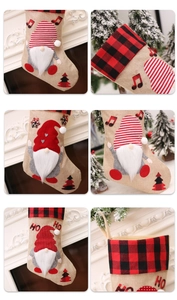 Detail showing buffalo plaid cuff and gnome applique on burlap Christmas stockings