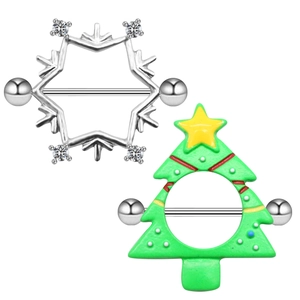 Christmas snowflake and green tree nipple rings set in polished surgical steel