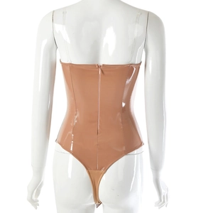 Detail view of the nude PU bodysuit back with invisible zipper and clear straps