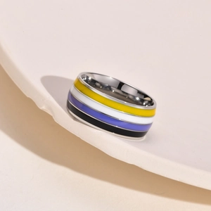 Detail view of a non-binary pride flag ring with yellow white purple black stripes