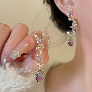 Floral purple zircon drop earrings with elegant long tassels and gold metal plating