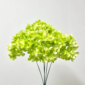 Five-head bunch of yellow-green artificial hydrangea flowers for wedding decor on white background