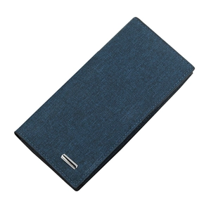 Men's navy blue long wallet with canvas texture and silver metal plaque in white background