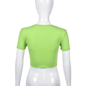 Back view of a neon green slim-fit cropped T-shirt on a female mannequin torso