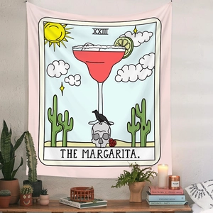 Detail of The Margarita tarot tapestry showing bohemian art icons on white wall decor