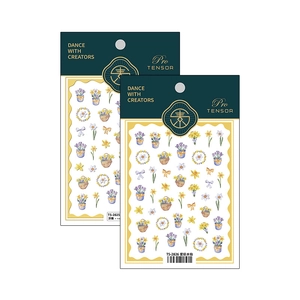 Embossed floral nail stickers with narcissus and flower basket designs in yellow and purple