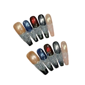 Handmade long trapezoid press-on nails with cat eye galaxy glitter and multi-color gradient