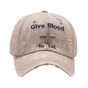 Distressed khaki baseball cap with Give Blood embroidery and vintage washed details