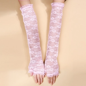 Detailed view of pale pink lace fingerless gloves with floral patterns and ruffled edges