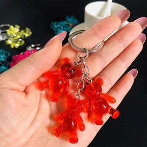 Close-up of translucent red resin gummy bear charms on a silver-tone keychain