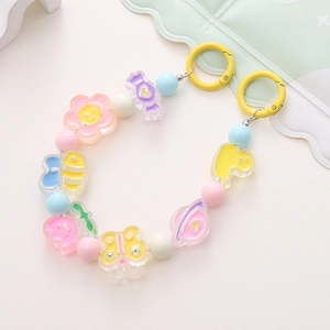 Colorful acrylic macaron beaded phone charm with cartoon pendants and yellow hook
