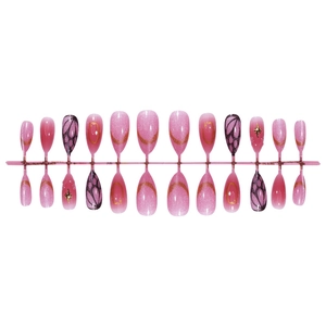 Pink cat eye press-on nails with butterfly wings and gold French tips 24pcs set
