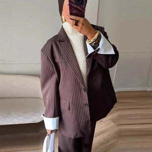 Women's dark brown striped oversized blazer suit with stylish two-button casual jacket