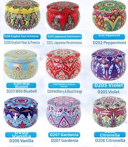 Grid display of nine patterned tin cans featuring colorful mandala designs for aromatherapy