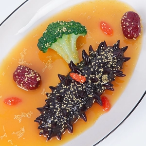 Modelo de comida de pepino de mar artificial con salsa dorada, brócoli y dátiles rojos