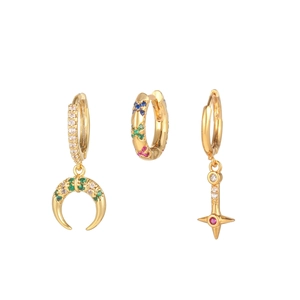 Three-piece gold earring set with star and moon pendants and colorful zircon stones