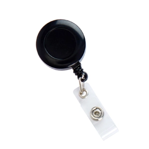 Retractable black ID badge holder with durable plastic reel and clear vinyl strap