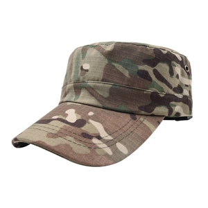 Detail of ripstop camouflage cadet cap showing metal eyelets and reinforced stitching