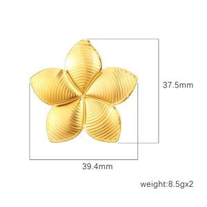 Golden five-petal flower stud earrings with 37.5mm size and textured metallic finish