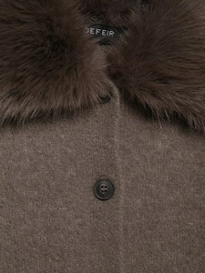 Detail of coffee brown knit jacket showing faux fur collar and black round button texture