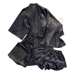 4-piece black faux silk sleepwear set featuring satin robe, camisole, shorts and pants