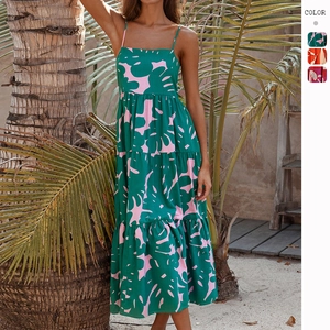 Women Summer Vacation Maxi Dress Backless Tiered A-Line Tropical Leaf Print Polyester Camisole Bohemia Sexy