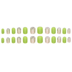 Short square matte neon green and glitter pink press-on nails set with 24 pieces