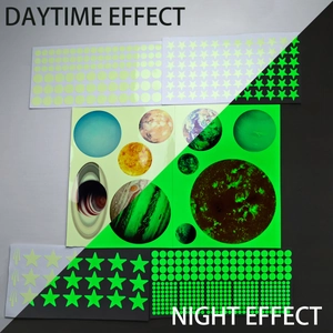 Glow in the dark wall stickers showing daytime color and green night effect