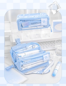 Detailed view of the light blue large capacity pencil case with multi-layer storage compartments