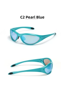 Detail of Y2K futuristic sporty sunglasses in pearl blue finish with anti-slip temple tips