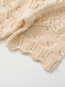 Close-up of cream knit cardigan featuring intricate geometric crochet and scalloped edges