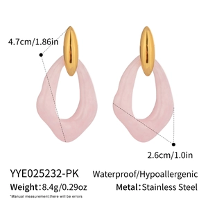 Irregular pink hoop earrings with detailed stainless steel dimensions and features