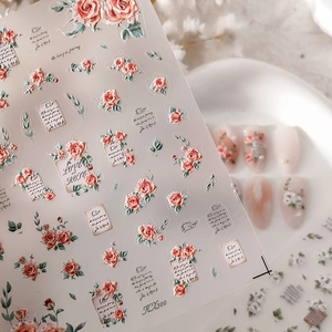 Vintage pink rose 3D embossed nail stickers KX300 with retro handwriting script