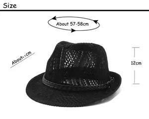 Detailed size chart for black breathable mesh jazz fedora with specific dimensions