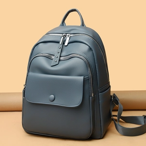 Deep grey litchi grain leather backpack for women with multi-zipper and front flap pockets