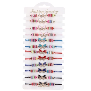 Detail of 12-piece adjustable woven bracelets with crystal butterfly charms and beads