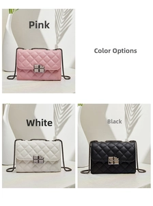 Detailed grid view showing pink, white, and black quilted chain crossbody bags with metal locks
