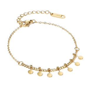 Gold stainless steel beaded bracelet with devil eye charm in Bohemian layering style
