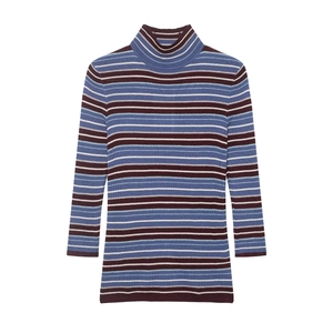 Women Multi Color Striped Knitwear Mock Neck Long Sleeve Slim Fit Polyester Sweater