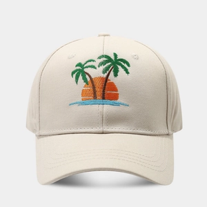 Casquette de baseball en coton beige avec broderie de palmier tropical et motif soleil